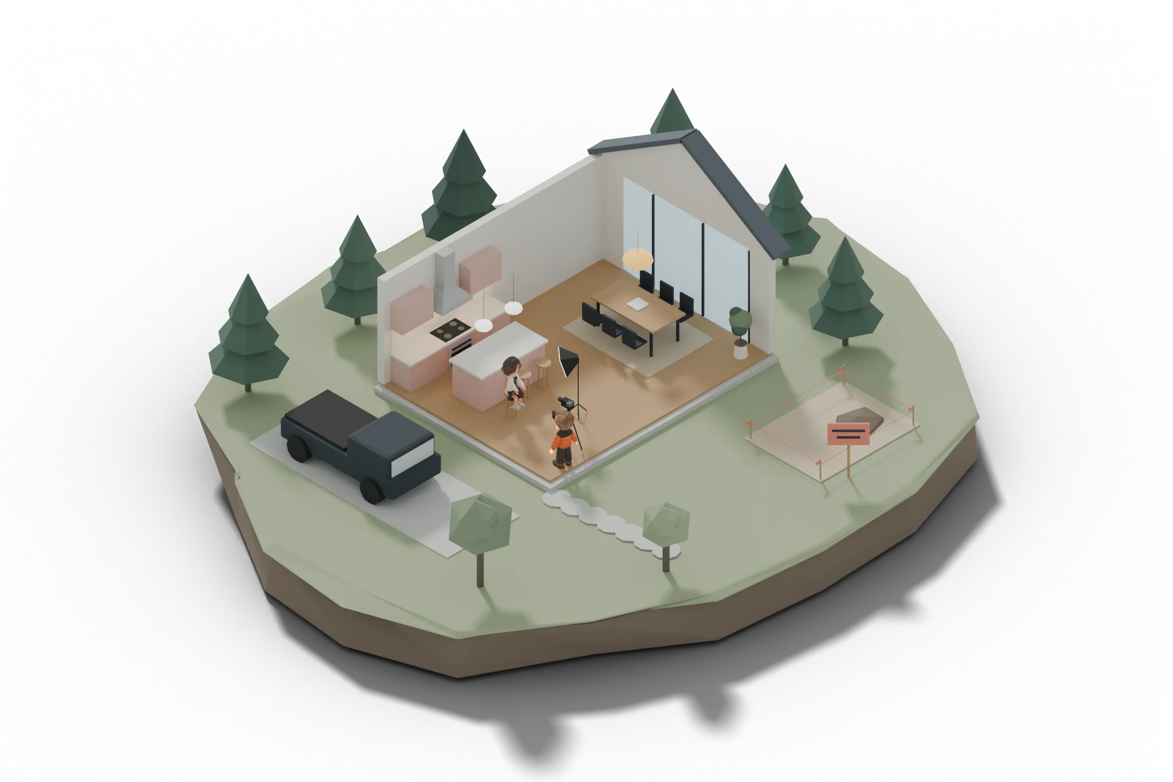 Isometric home island: a cutaway house with a blush kitchen where a homeowner is interviewed on camera, a dining room by a glass wall being photographed, a contractor truck in the driveway, and an empty staked lot with a sign.